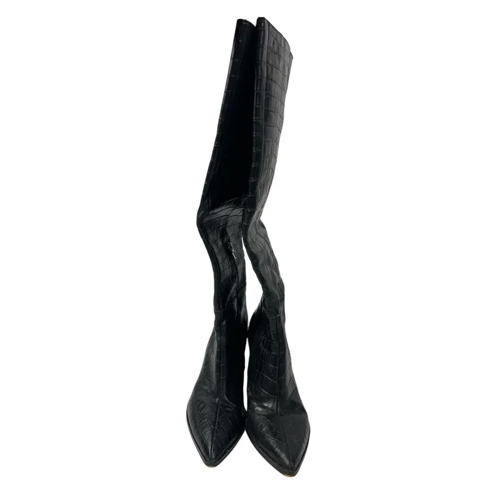 Dolce Vita Black Leather Crocodile Print Pointed Toe Knee High Cowboy Boots 9.5